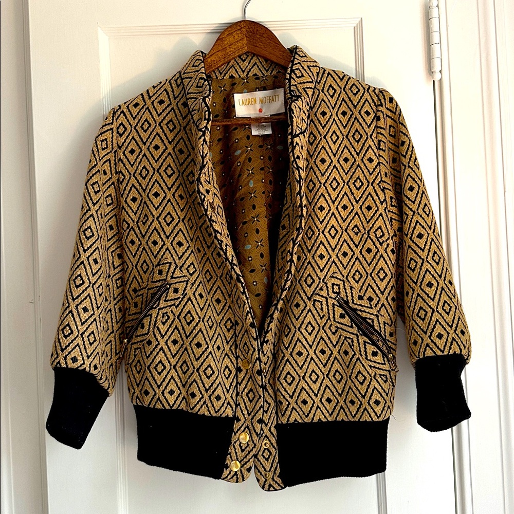 {Lauren Moffatt} Anthropologie bomber jacket Medium EUC camel black pattern